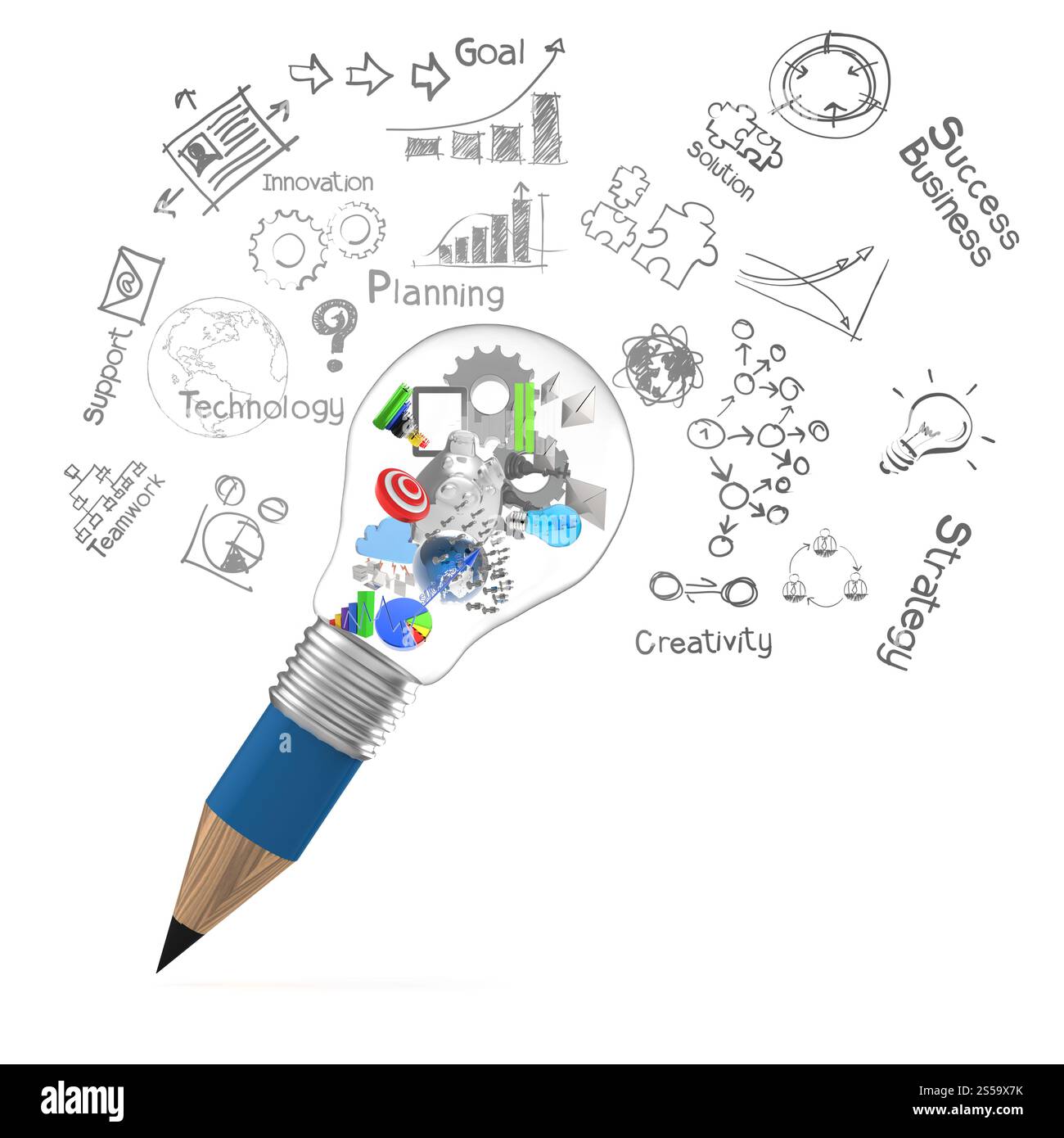 Creative Design business come matita lampadina 3d come business design concept Foto Stock