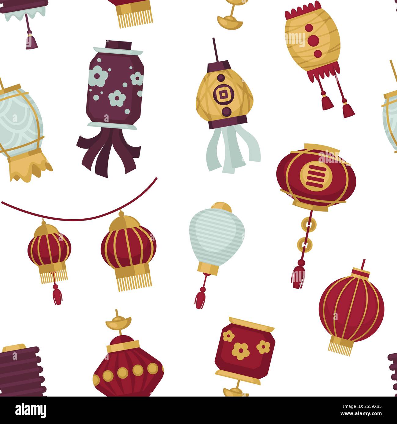 Lampade e lanterne in stile orientale asiatico vettoriale. Decorazione degli interni delle case, illuminazione di carta cinese e festa di Capodanno. Motivo di luci turche senza cuciture con stampa floreale. Lampade e lanterne in stile orientale asiatico vettoriale Illustrazione Vettoriale
