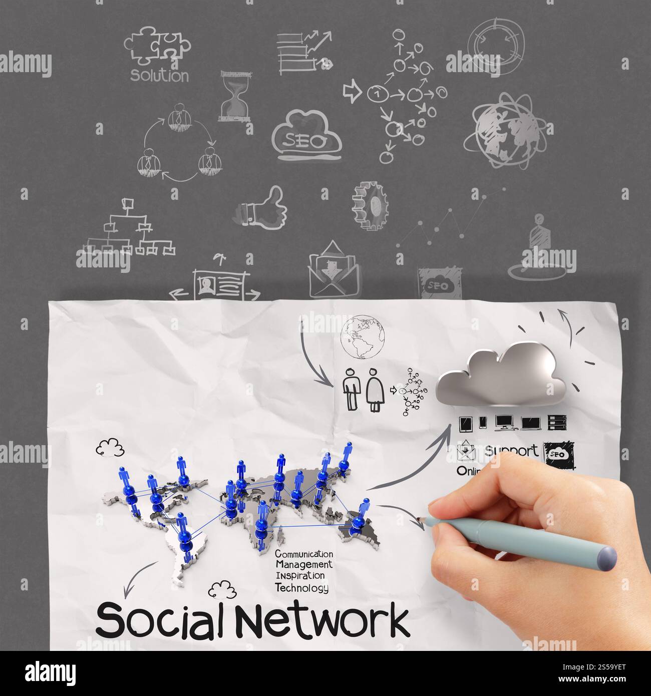 Disegno a mano diagramma di rete sociale struttura come concetto Foto Stock