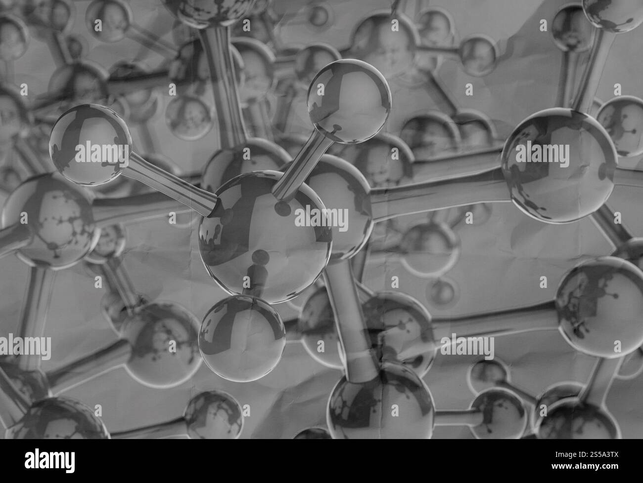 Molecola di colore rosso 3d su carta sgualcita background come concetto medico Foto Stock