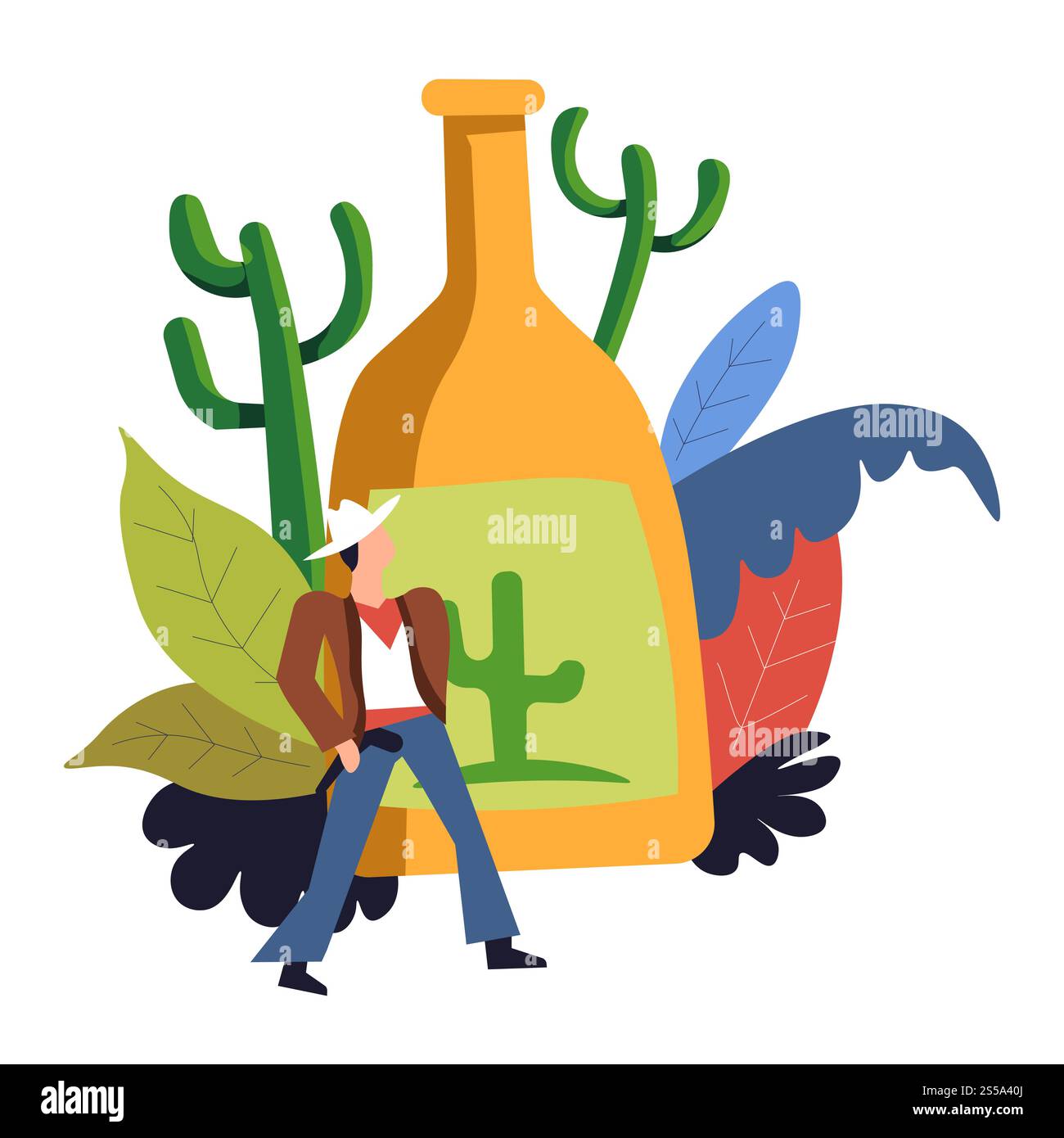 Cowboy western con grande bottiglia di vetro e vettoriale di cactus. Bevande alcoliche in contenitore con etichetta e emblema. Sceriffo che porta pistola, arma dell'ufficiale della contea, se ne va con il fogliame. Cowboy western con grande bottiglia di vetro e vettoriale di cactus Illustrazione Vettoriale