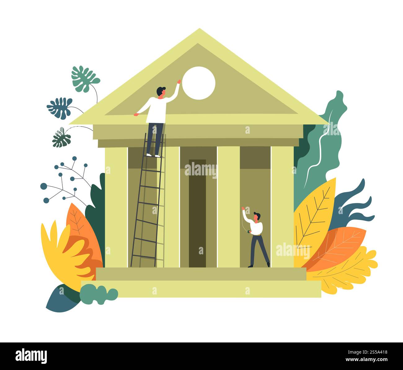 Persone bancarie che costruiscono istituzioni e sviluppano vettori IT. Istituto bancario e maschio su scala fissaggio parte superiore dell'edificio, uomo misura misura misura con roulette. Foglie e fogliame decorativo. Persone bancarie che costruiscono istituzioni e sviluppano vettori IT Illustrazione Vettoriale