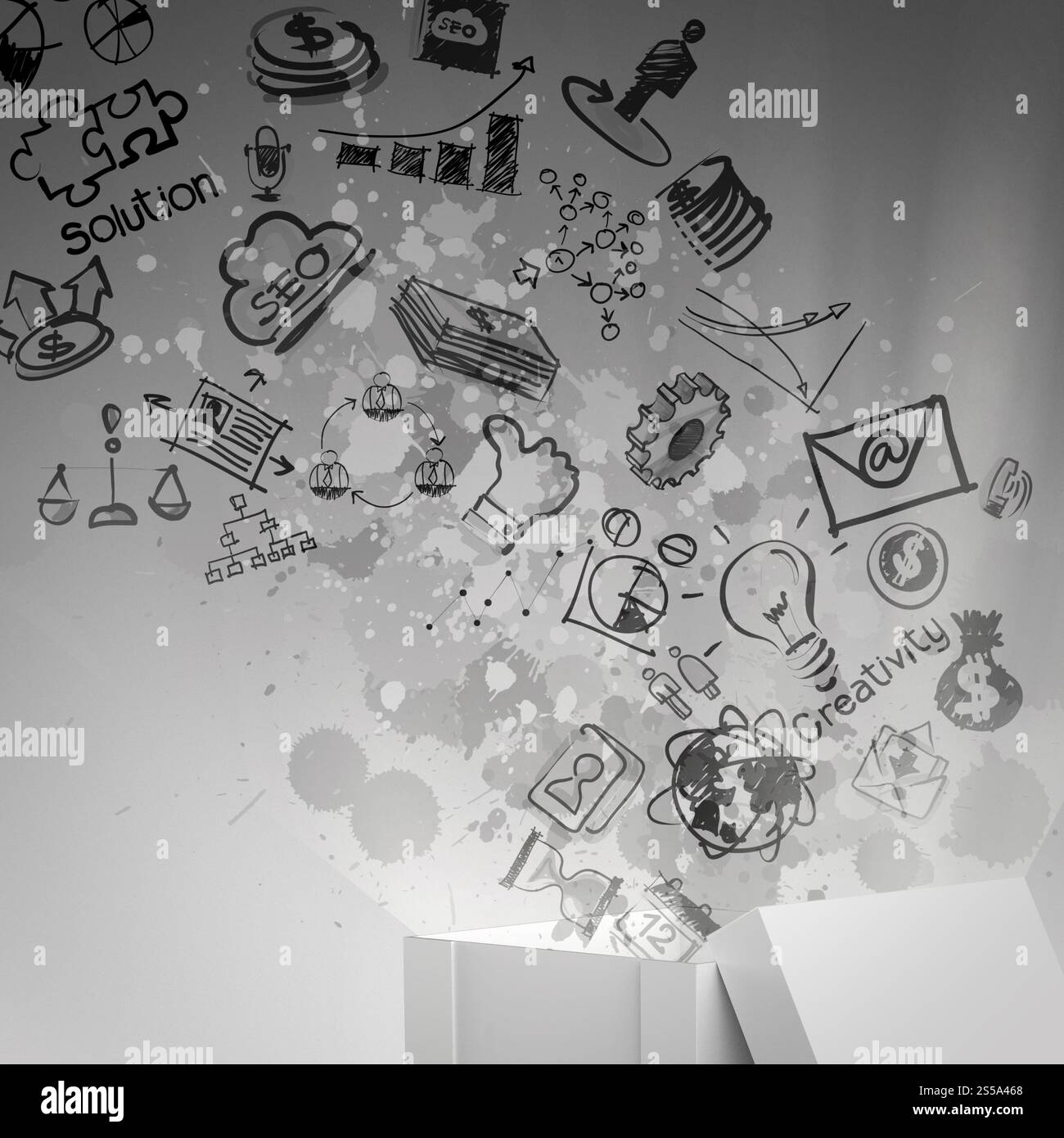 Pensare al di fuori della casella come creativo e il concetto di leadership Foto Stock