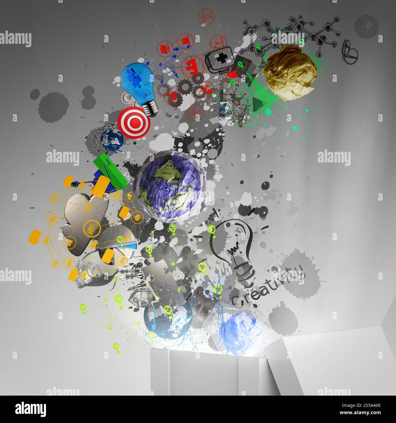 Pensare al di fuori della casella come creativo e il concetto di leadership Foto Stock