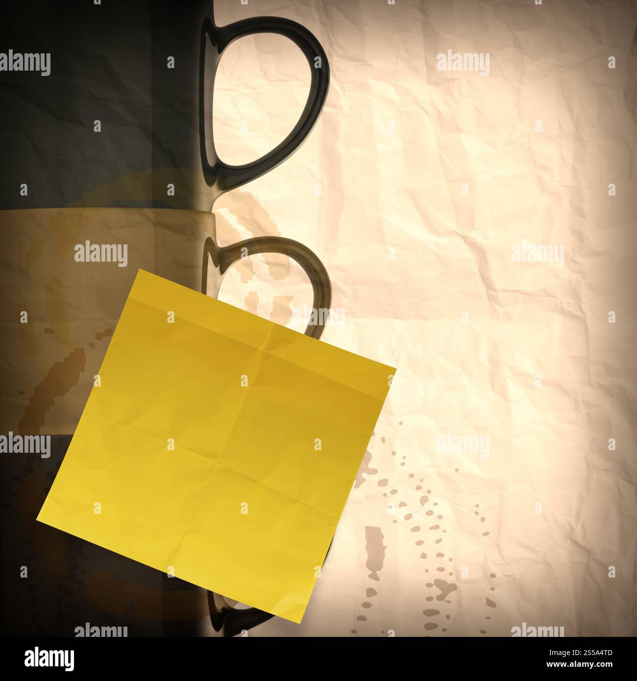 Tazza da caffè 3d e nota adesiva su riciclare carta sgualcita sfondo Foto Stock