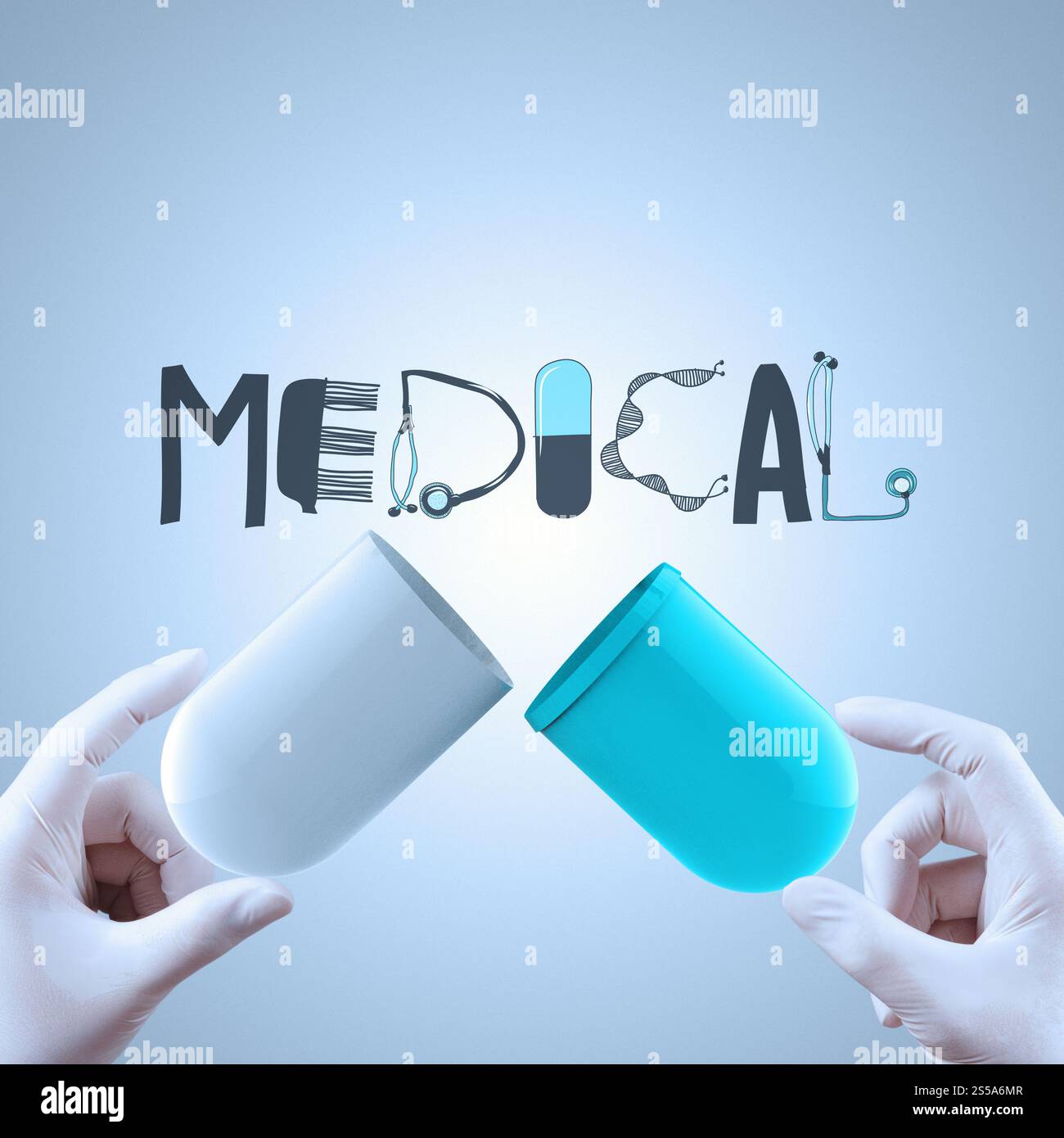 Le mani aperte capsula mostra graphic design parola medico concetto asl Foto Stock