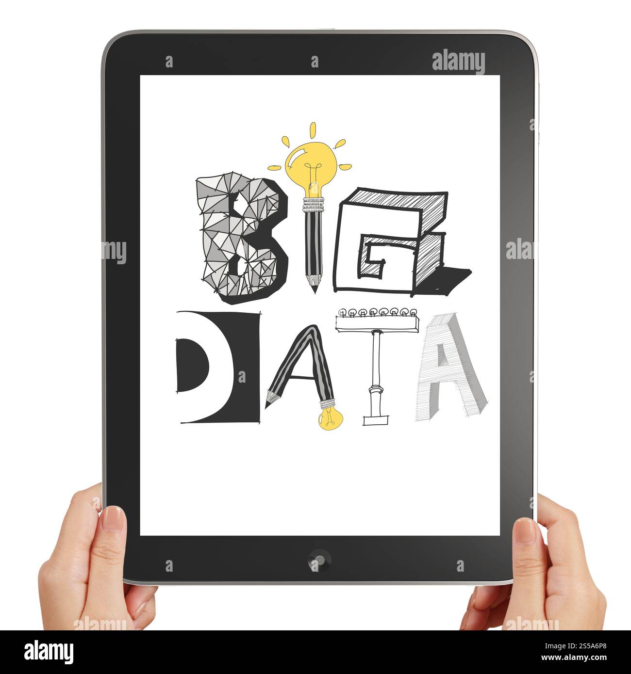 Tenere Hnad black tablet pc computer con la mano il testo disegnato BIG dati sul display Foto Stock