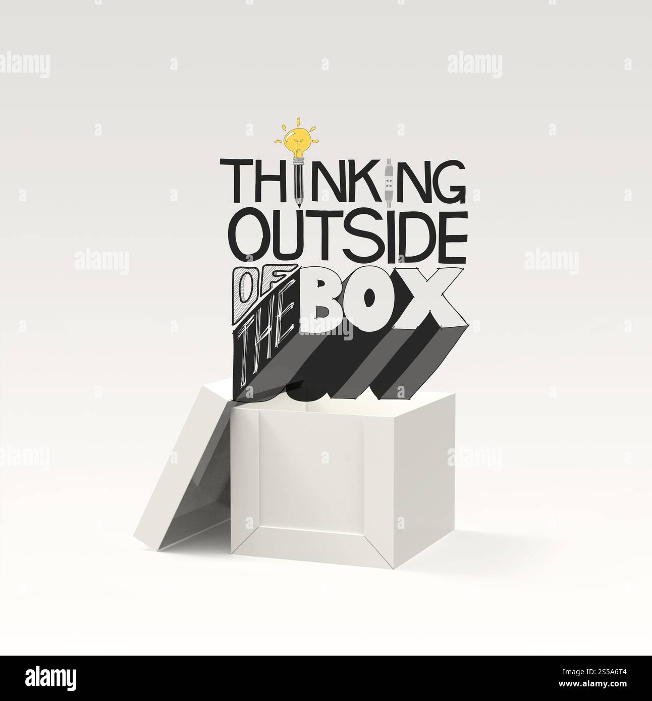 Aprire la scatola 3d e design parola pensare al di fuori della scatola come concetto Foto Stock