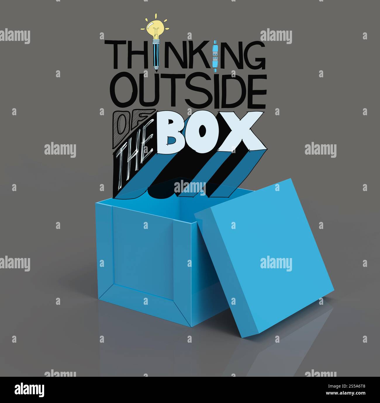 Aprire la scatola 3d e design parola pensare al di fuori della scatola come concetto Foto Stock