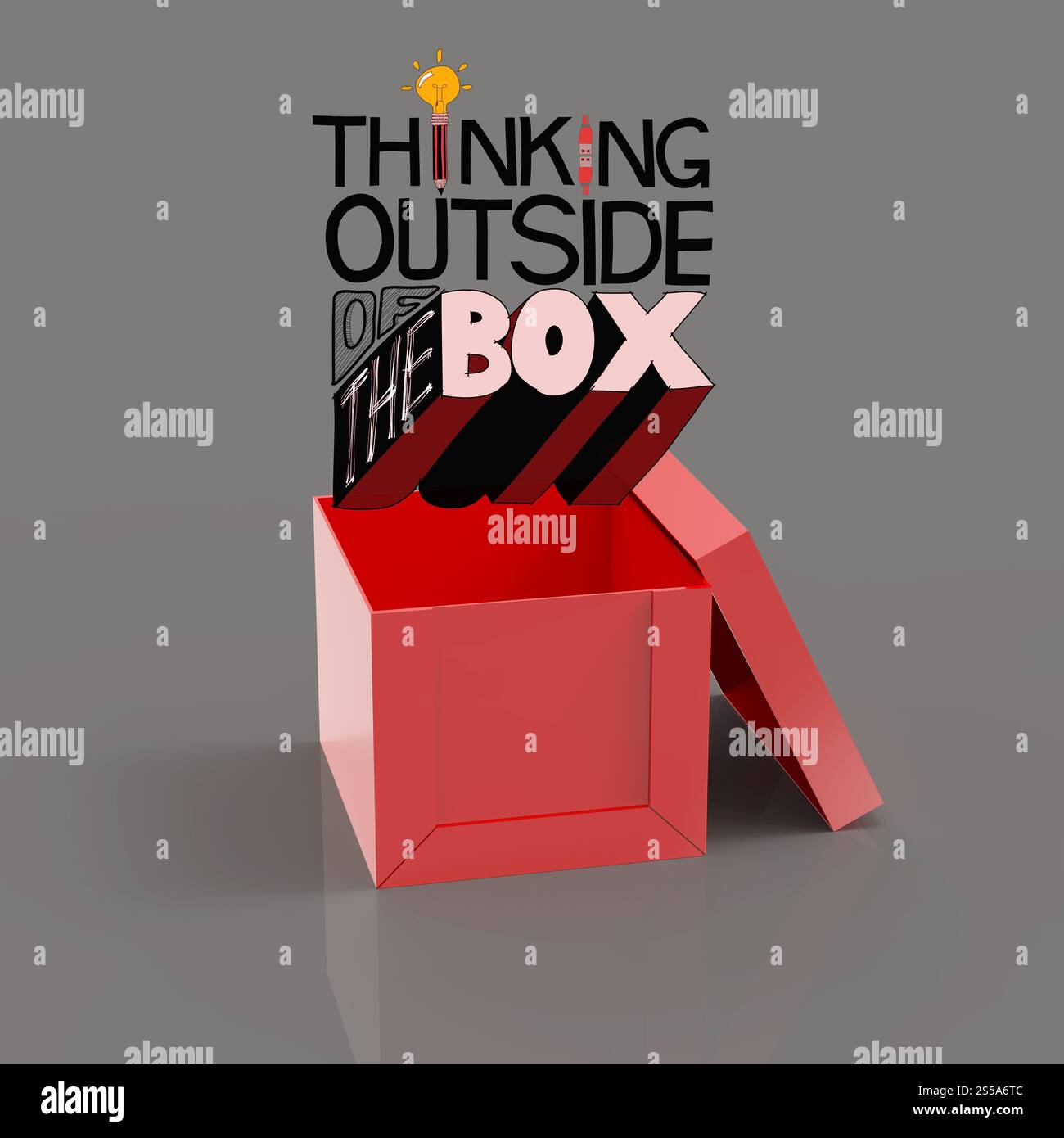 Aprire la scatola 3d e design parola pensare al di fuori della scatola come concetto Foto Stock