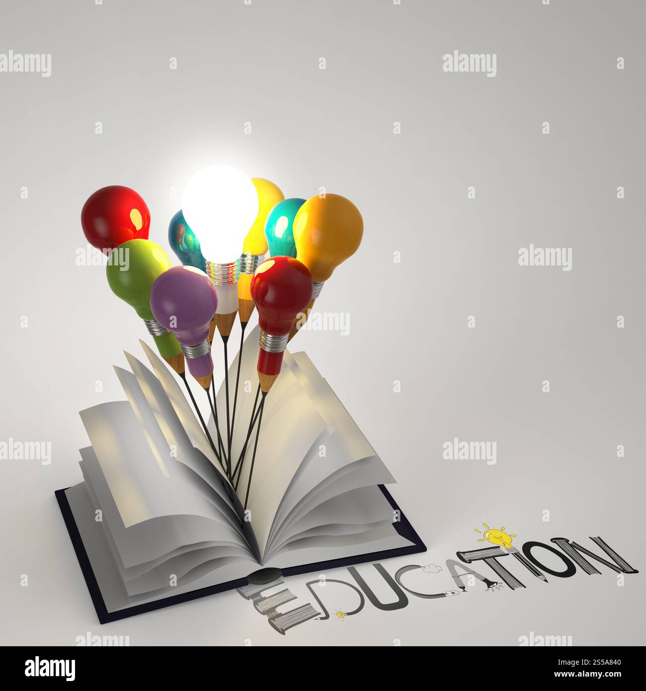Libro aperto con lampadina a matita 3d e design parola educazione come concetto Foto Stock