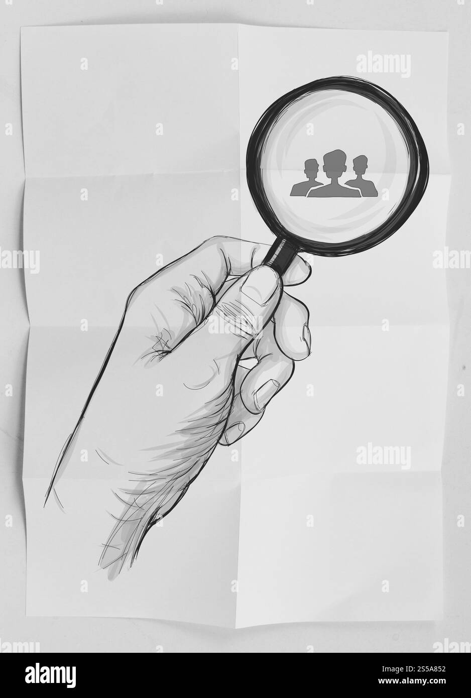Disegno della mano che tiene il vetro magnifier cercando dipendente su carta sgualcita background come concetto Foto Stock