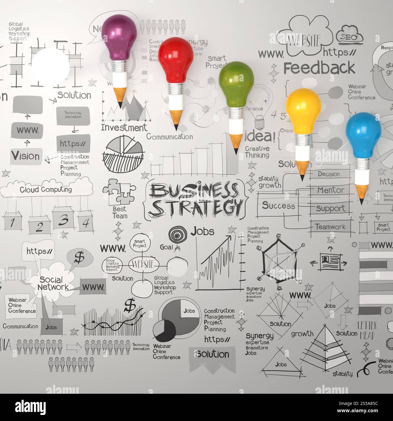 lampadina a matita 3d con diagramma di strategia aziendale disegnato a mano come concetto Foto Stock