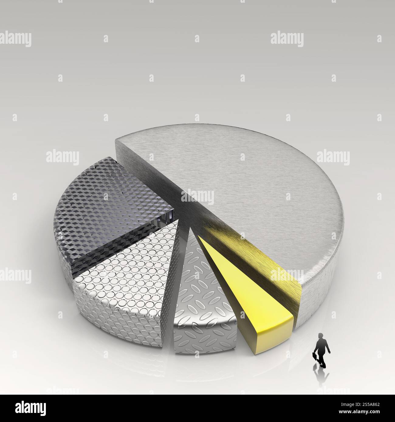 Imprenditore a piedi grafico a torta 3D, fatta di metalli diversi come conept Foto Stock