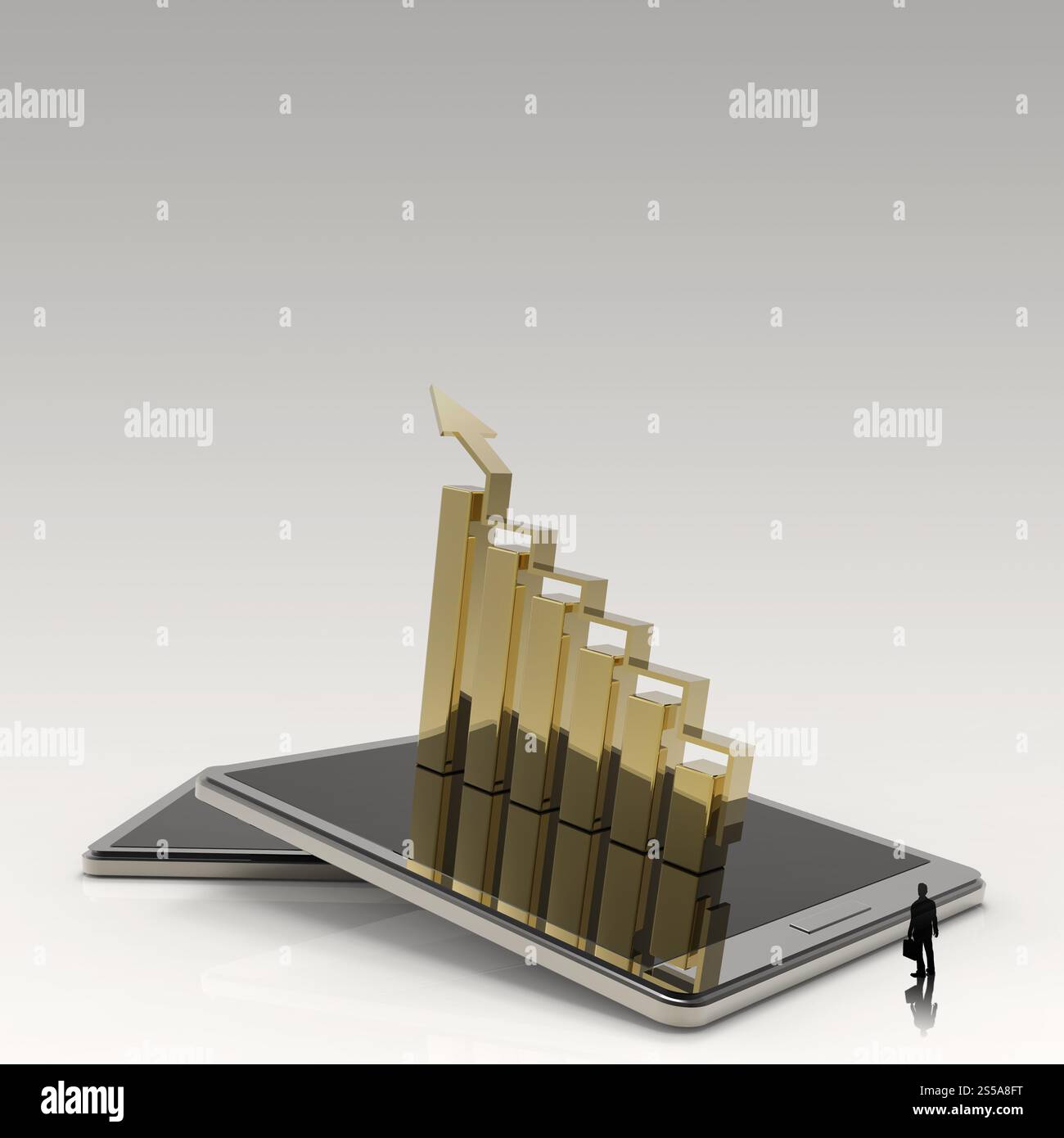 Imprenditore a piedi 3d tablet pc con un grafico a barre come concetto Foto Stock