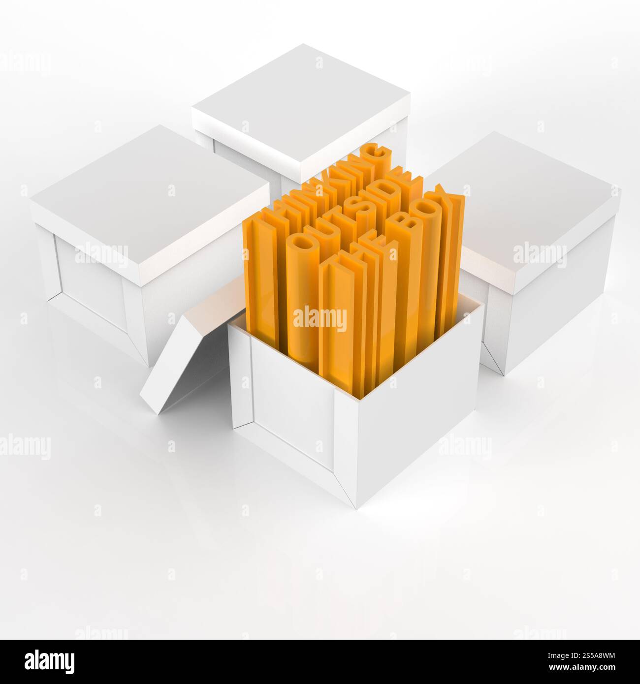 3d open box con extrude testo come pensare al di fuori del concetto di scatola Foto Stock