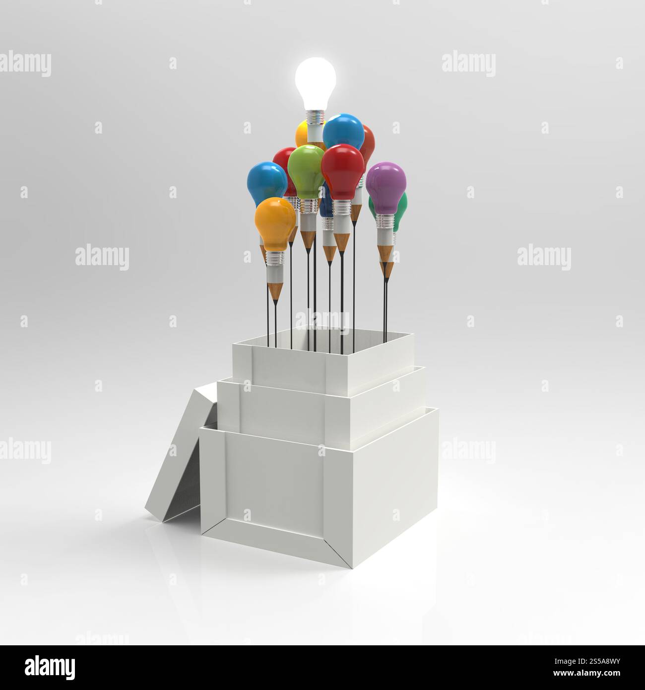 Matita lampadina luce 3d come pensate al di fuori della scatola come concetto Foto Stock