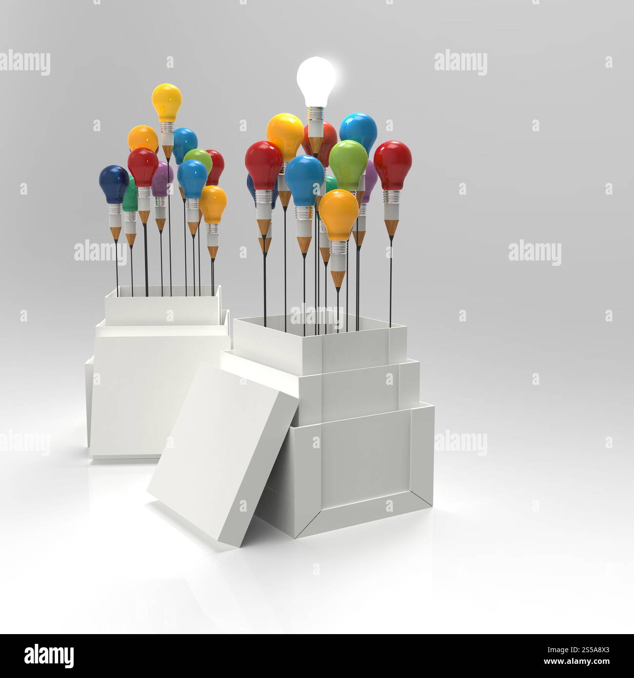 Matita lampadina luce 3d come pensate al di fuori della scatola come concetto Foto Stock