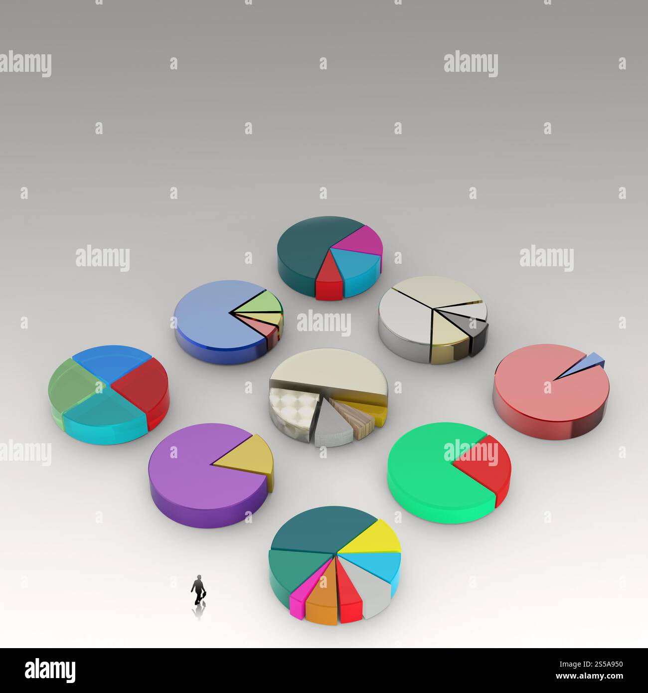 Imprenditore a piedi 3d i grafici a torta, in metalli differenti come concetto Foto Stock