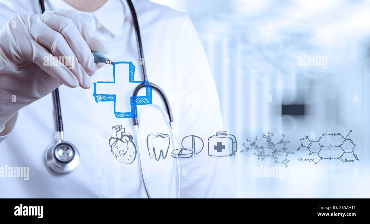 Medico del disegno a mano le icone con il moderno computer interfaccia come concetto medico Foto Stock