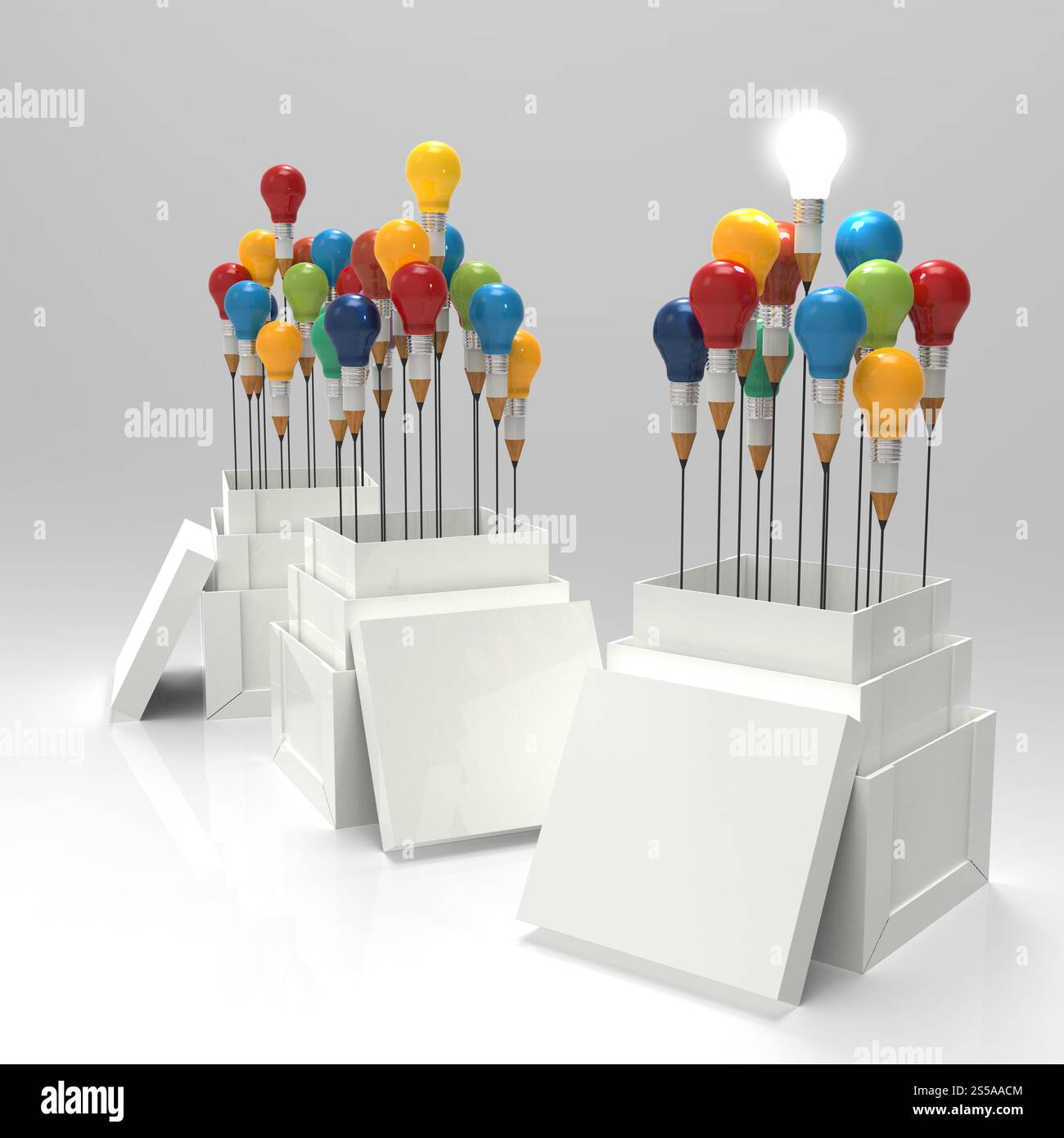 Matita lampadina luce 3d come pensate al di fuori della scatola come concetto Foto Stock