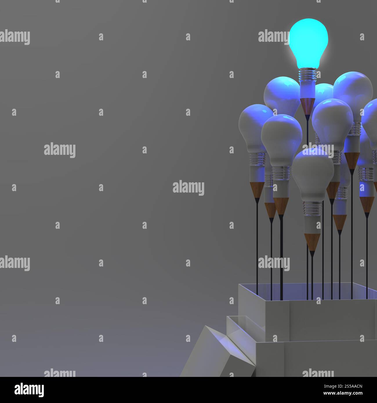 Matita lampadina luce 3d come pensate al di fuori della scatola come concetto Foto Stock