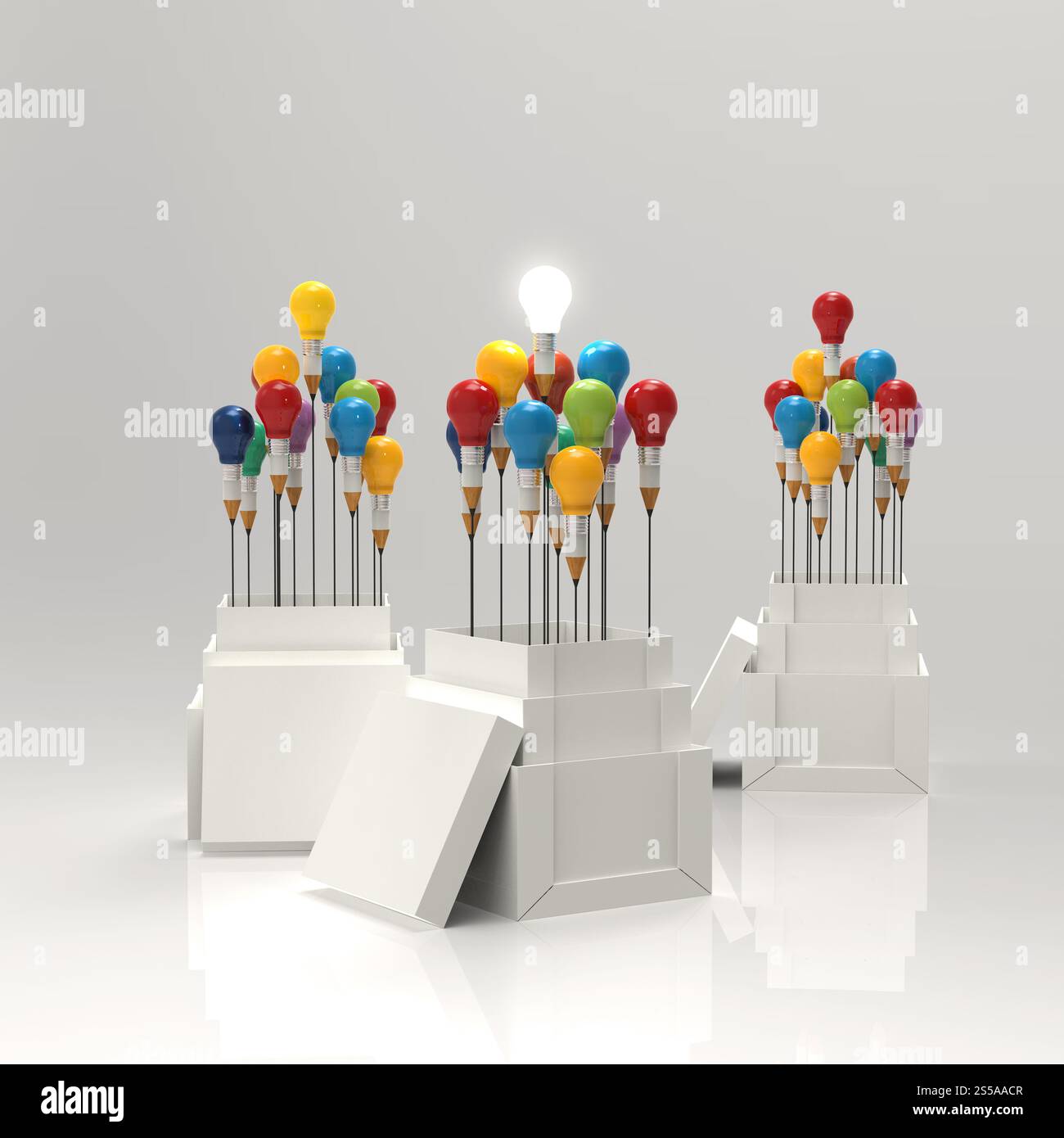 Matita lampadina luce 3d come pensate al di fuori della scatola come concetto Foto Stock