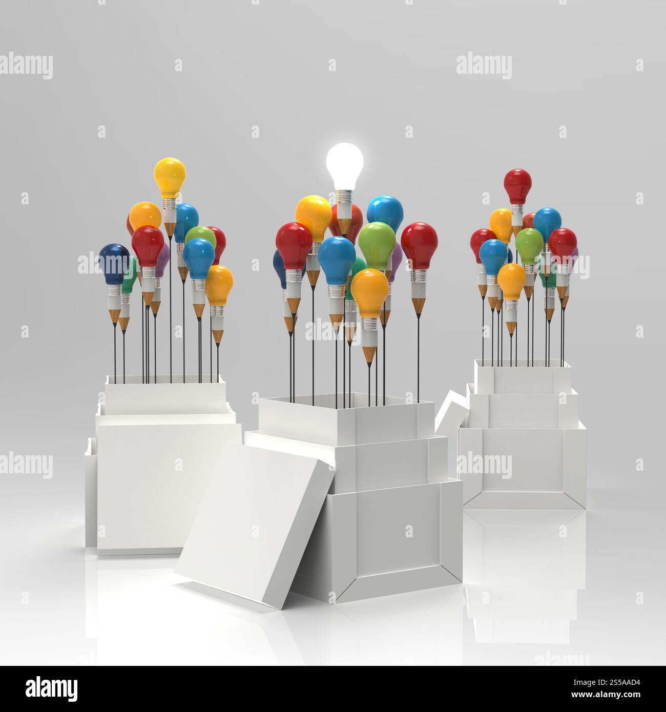 Matita lampadina luce 3d come pensate al di fuori della scatola come concetto Foto Stock