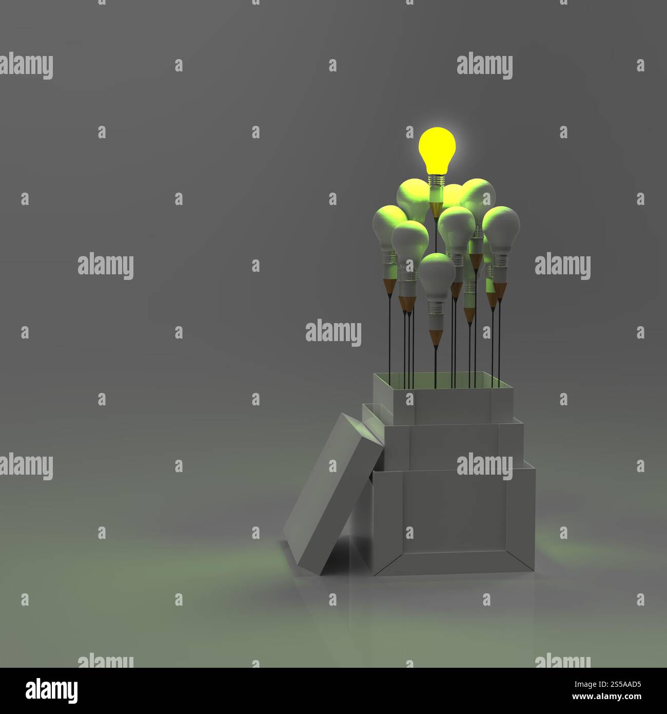 Matita lampadina luce 3d come pensate al di fuori della scatola come concetto Foto Stock