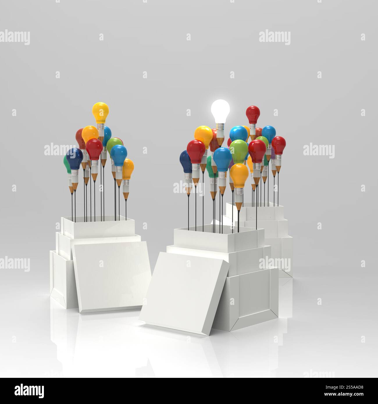 Matita lampadina luce 3d come pensate al di fuori della scatola come concetto Foto Stock