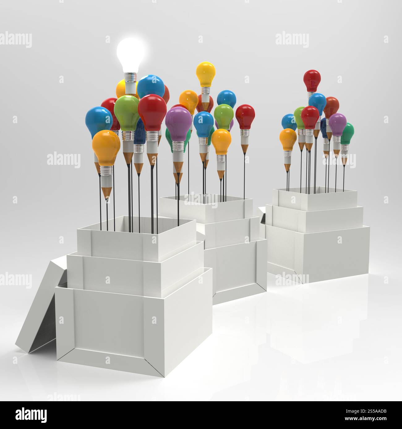 Matita lampadina luce 3d come pensate al di fuori della scatola come concetto Foto Stock