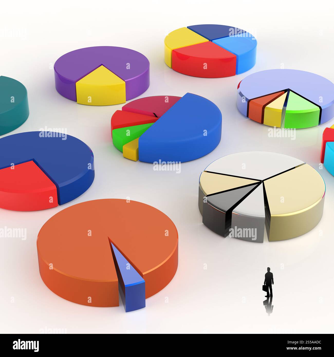 Imprenditore guardando il grafico a torta 3D, fatta di colori diversi come concetto Foto Stock