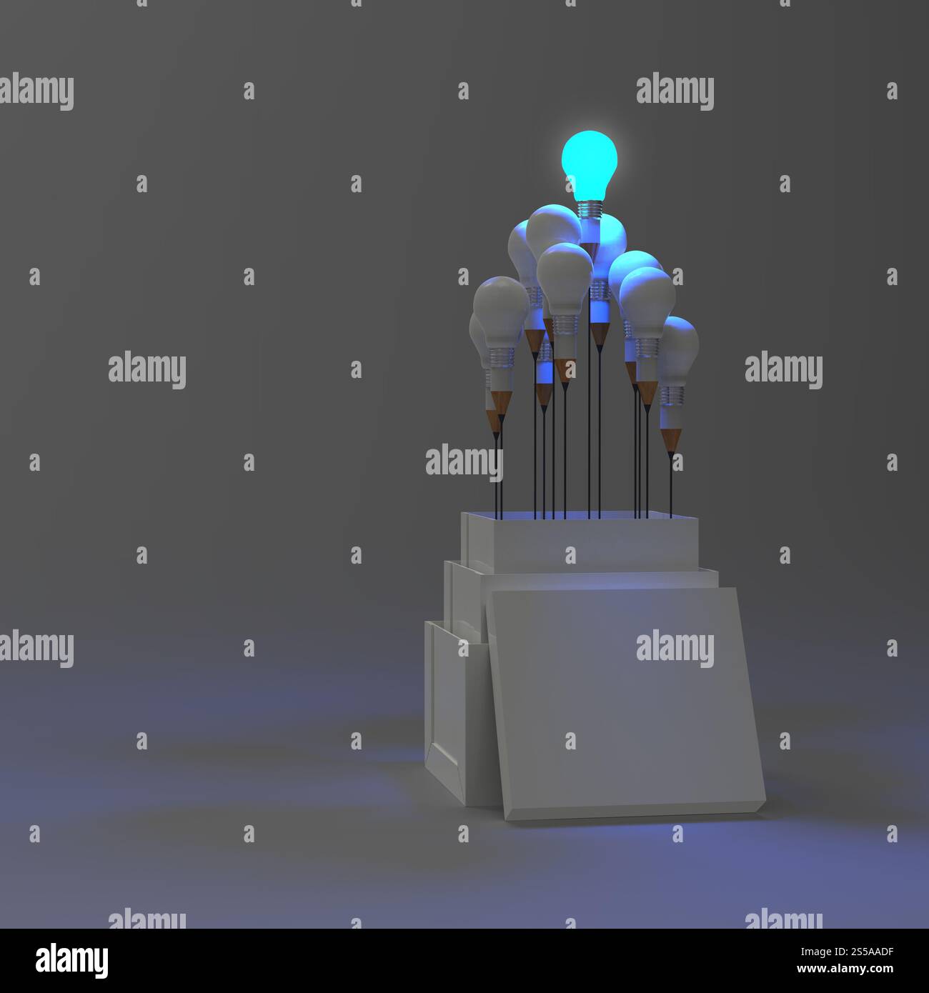 Matita lampadina luce 3d come pensate al di fuori della scatola come concetto Foto Stock