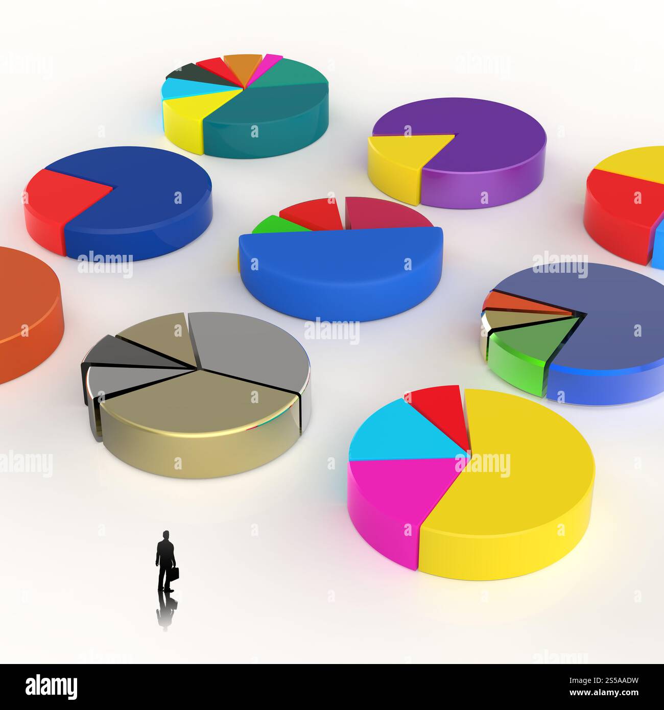 Imprenditore guardando il grafico a torta 3D, fatta di colori diversi come concetto Foto Stock