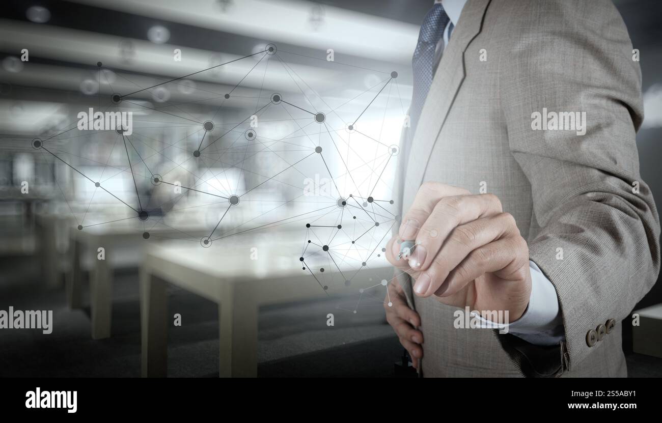 Doppia esposizione di business lavoro a mano con un nuovo moderno computer visualizza rete sociale struttura e bokeh esposizione Foto Stock