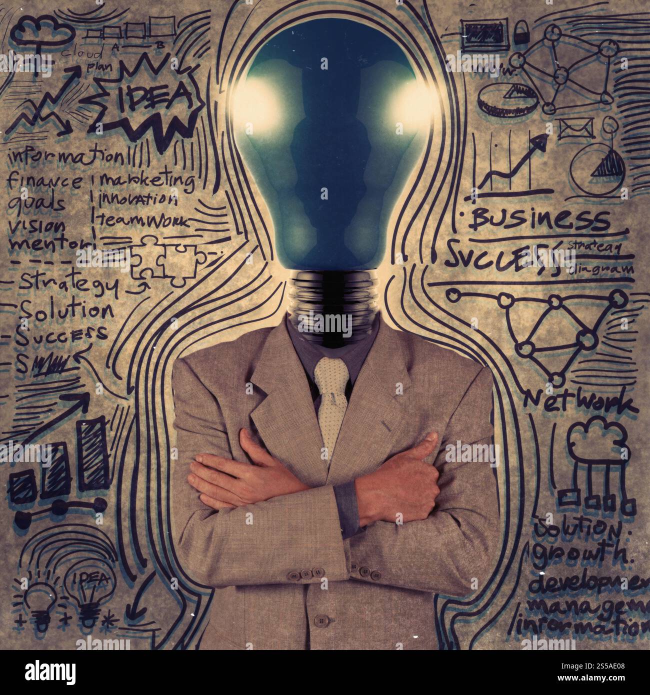 Imprenditore con luce blu testa di lampadina come stile vintage Foto Stock