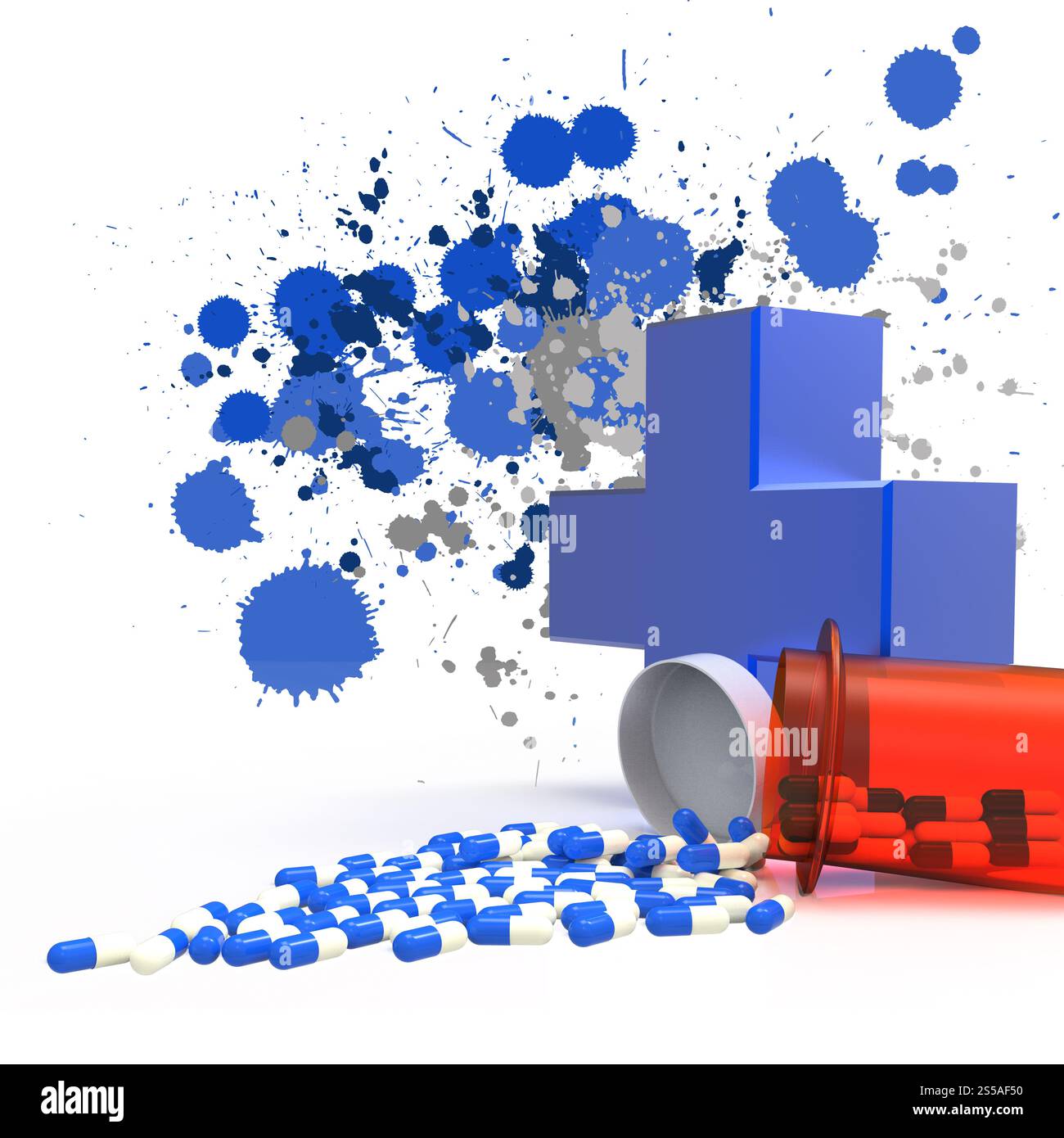 Pills fuoriuscita di pillola bottiglia sul colore di sfondo splash Foto Stock