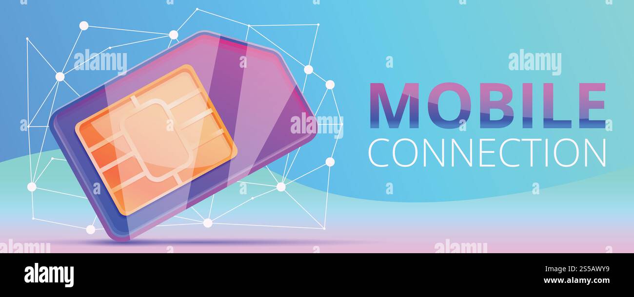 Banner concetto di connessione mobile della scheda SIM. Illustrazione cartoni animati del banner del concetto di vettore di connessione mobile della scheda sim per la progettazione Web. Banner per il concetto di connessione mobile della scheda SIM, stile cartone animato Illustrazione Vettoriale
