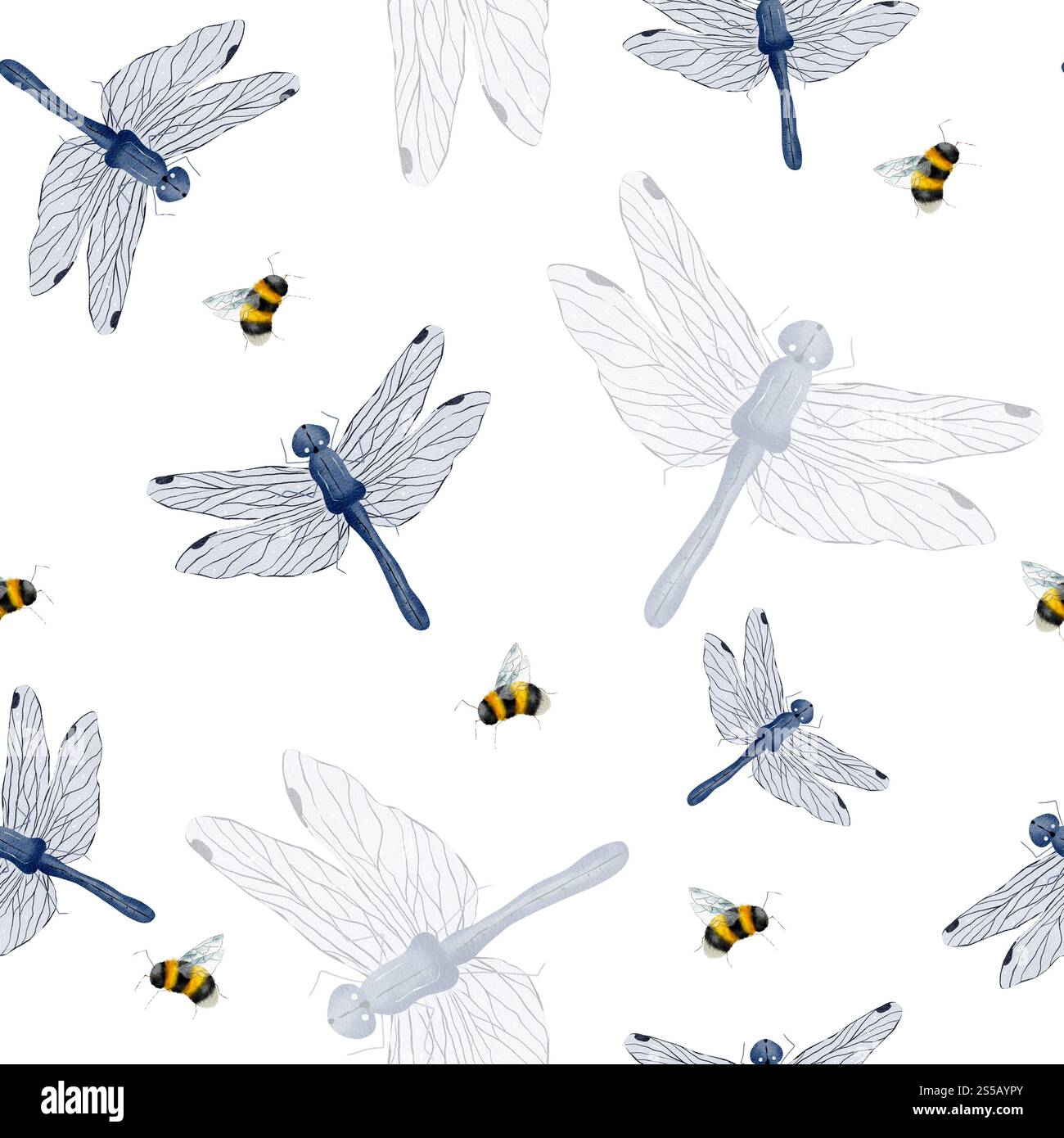 Libellule e api blu. Motivo senza cuciture su sfondo bianco per creare una composizione naturale ed elegante, realizzata in un colore minimalista ad acquerello. Disegnato a mano. per tessuti, imballaggi, carta da parati, scrapbooking. Foto Stock
