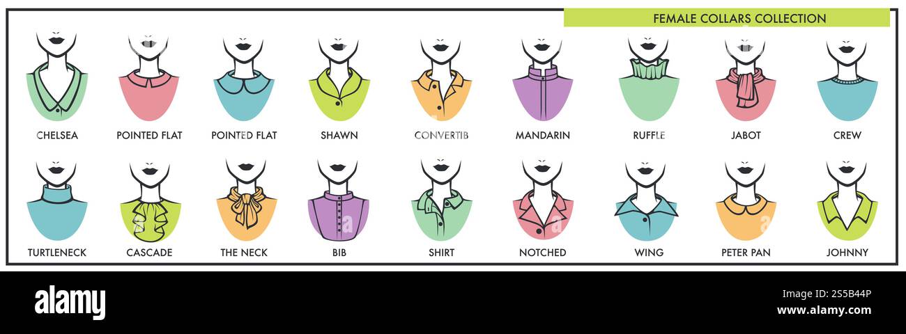 Collari femminili per tutti i tipi di collezione TOPS con nomi. Elementi alla moda donne per occasioni casual e festive. Abiti classici e moderni disegnano un set di illustrazioni vettoriali isolate di cartoni animati. Collari femminili per tutti i tipi di collezione TOPS Illustrazione Vettoriale
