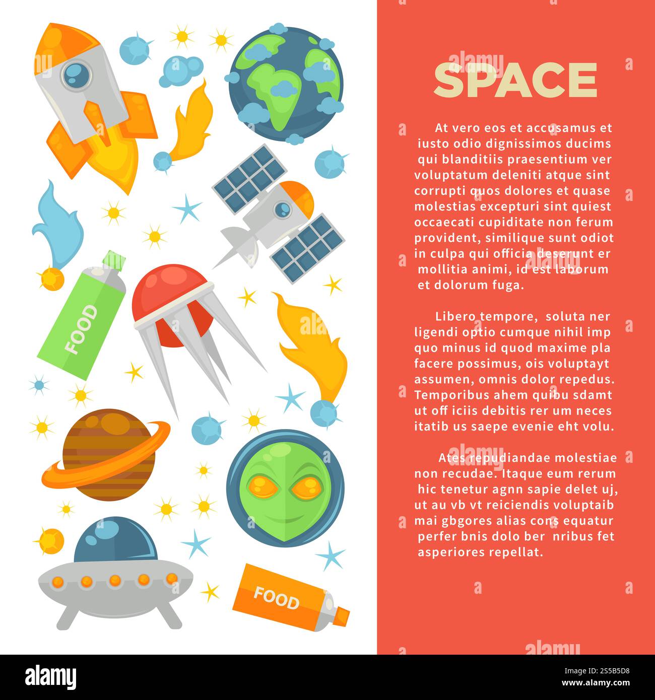 Banner commerciale spaziale con pianeti e tecnologie cosmiche. Satelliti moderni, navicella spaziale potente, piatto volante, testa aliena e tubi con illustrazioni vettoriali di cartoni animati di cibo liquido sul poster. Banner commerciale spaziale con pianeti e tecnologie cosmiche Illustrazione Vettoriale