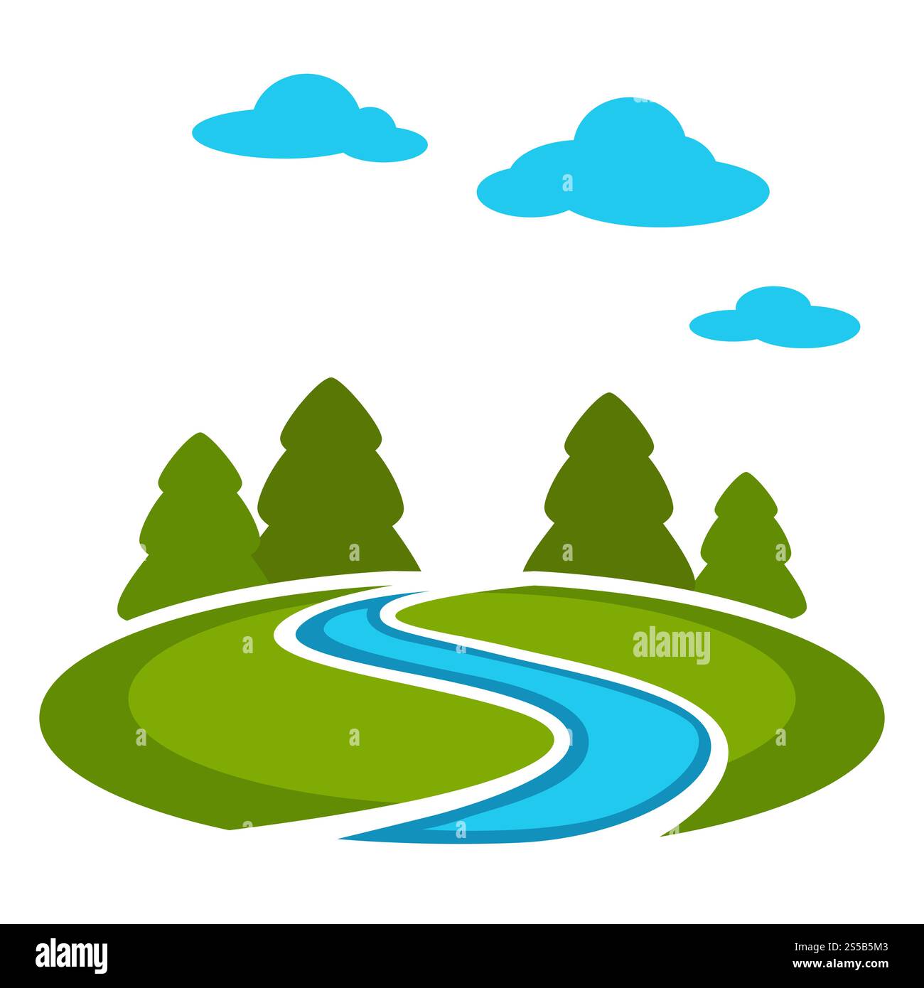 Margine di foresta con prato verde e fiume blu. Natura selvaggia, paesaggio fresco. Abete alte sempreverdi all'orizzonte sotto nuvole blu illustrazione vettoriale piatta del cartone animato isolata su sfondo bianco. Margine di foresta con prato verde e fiume blu Illustrazione Vettoriale