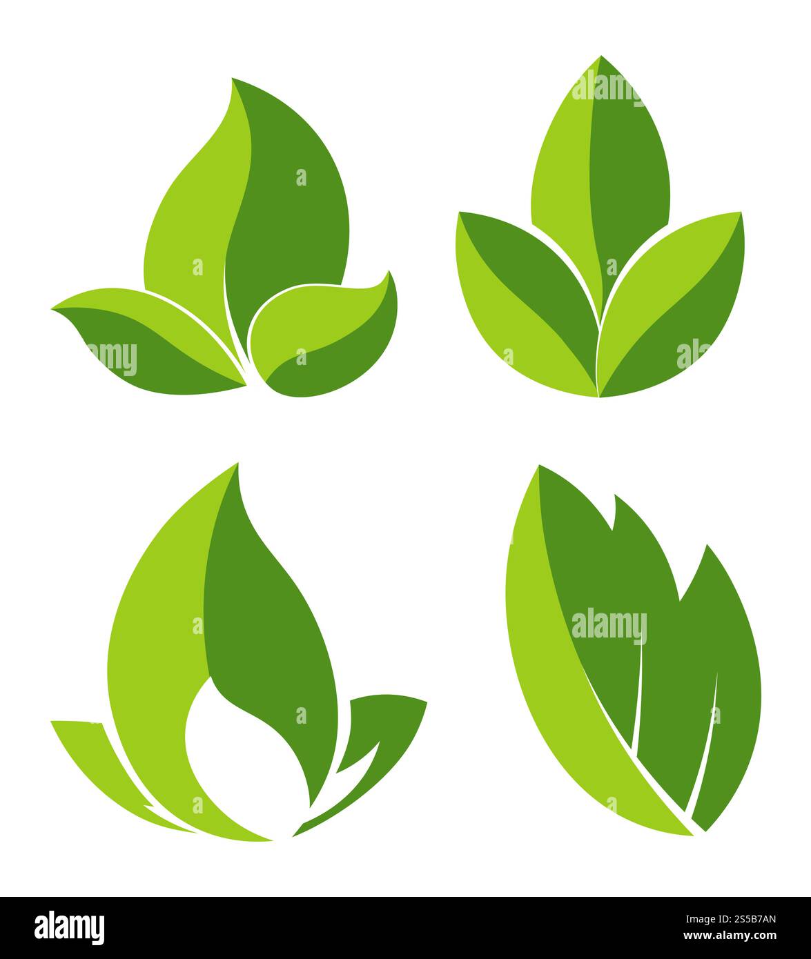 Foglie verdi come logotipi per le aziende ecocompatibili. Fogliame di alberi come simbolo della natura e della purezza per le illustrazioni vettoriali piatte di cartoni animati isolate dell'organizzazione ambientale su sfondo bianco. Grean lascia come logotipi per le aziende ecocompatibili Illustrazione Vettoriale