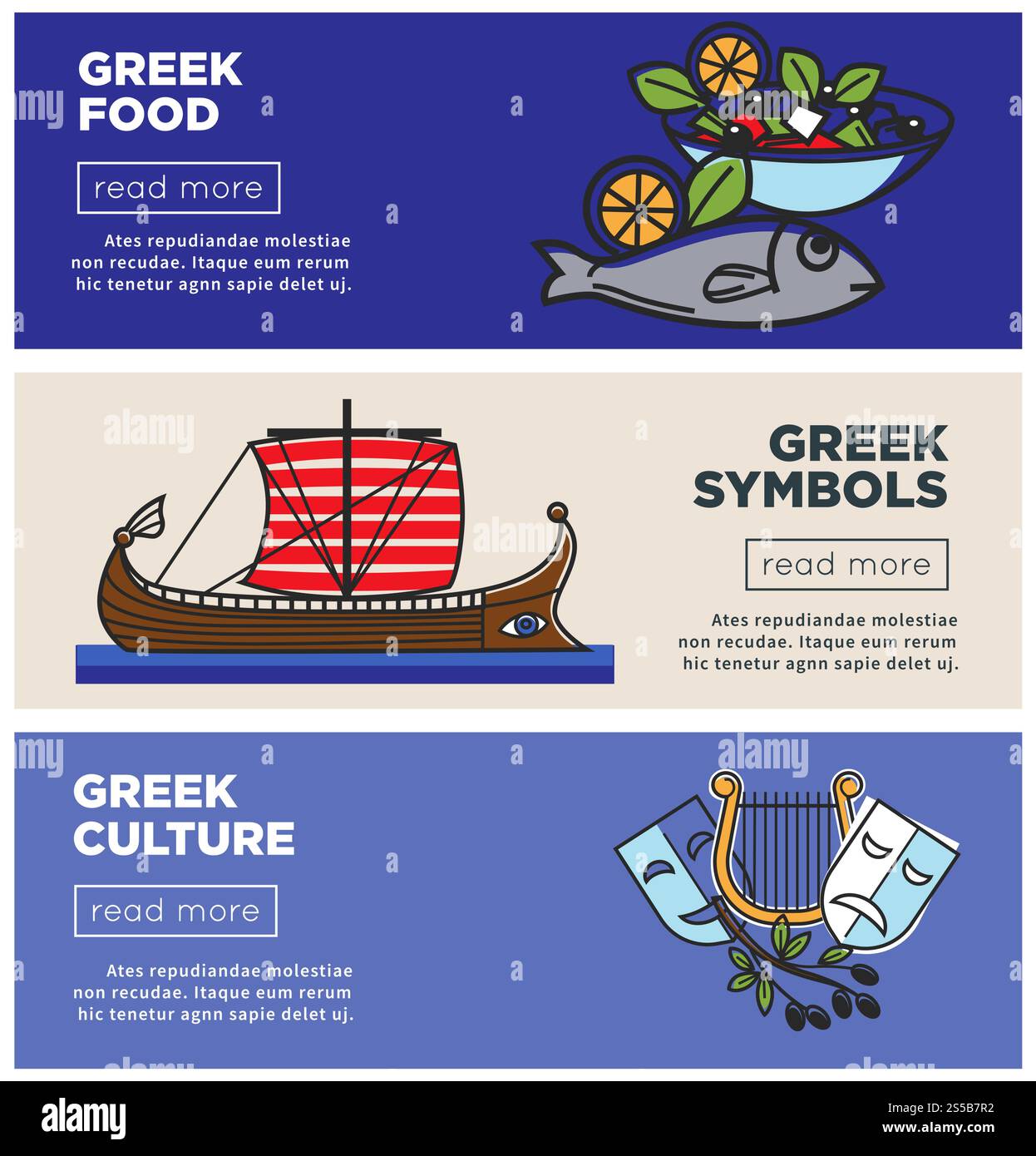 Cibo greco, cultura tradizionale e simboli nazionali banner Internet. Pagina Web di viaggio con promozione viaggio in Grecia. Cucina deliziosa e attrazioni interessanti poster commerciali illustrazioni vettoriali. Cibo greco, cultura tradizionale e simboli nazionali banner Internet Illustrazione Vettoriale