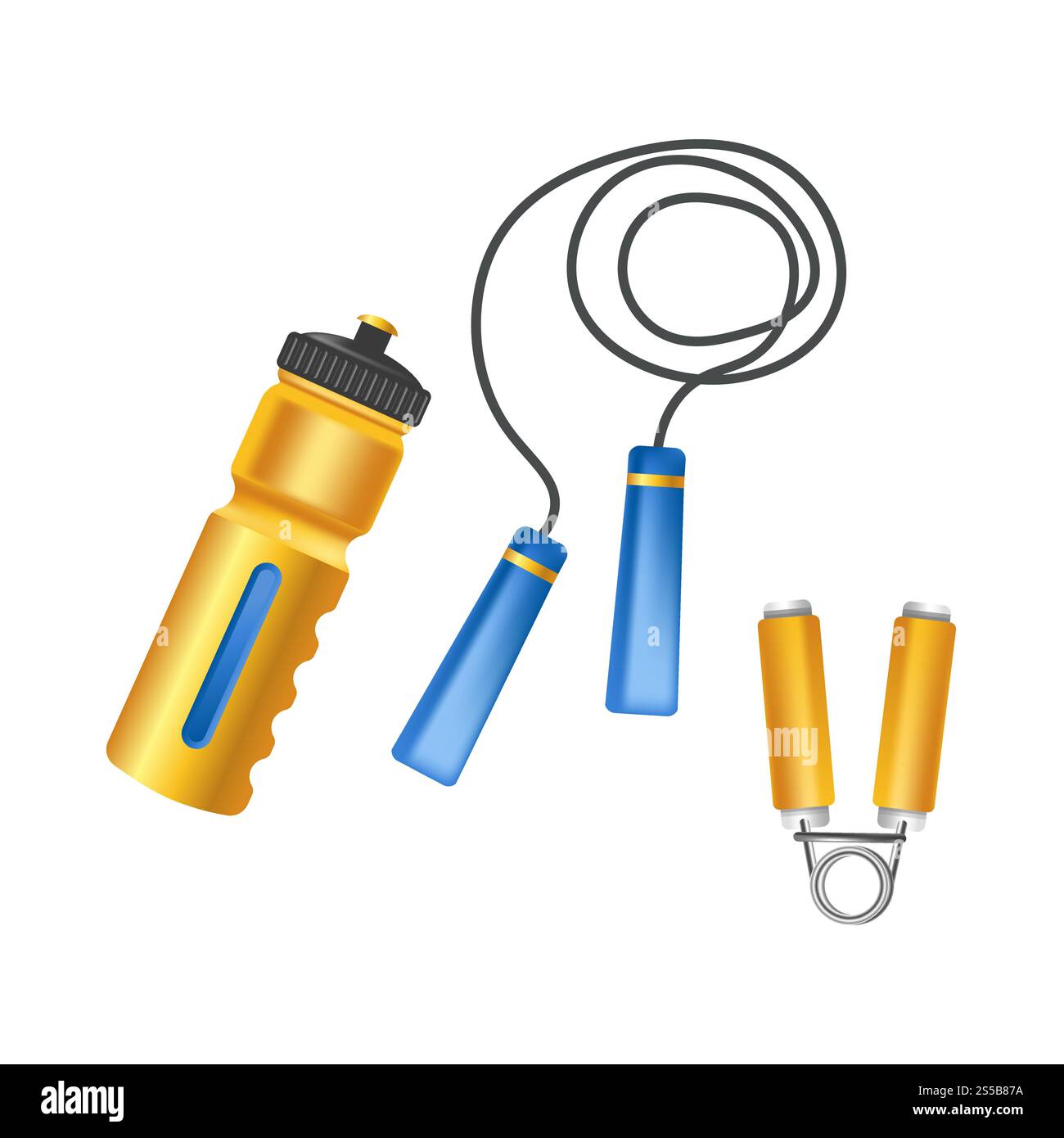 Pratica bottiglia di plastica, corda per salto lunga e addestratore di armi leggere. Attrezzature sportive per rimanere in forma e in salute. Semplici dispositivi per mantenere le illustrazioni vettoriali piatte dei cartoni animati isolate su sfondo bianco. Pratica bottiglia di plastica, corda per salto lunga e addestratore di armi leggere Illustrazione Vettoriale