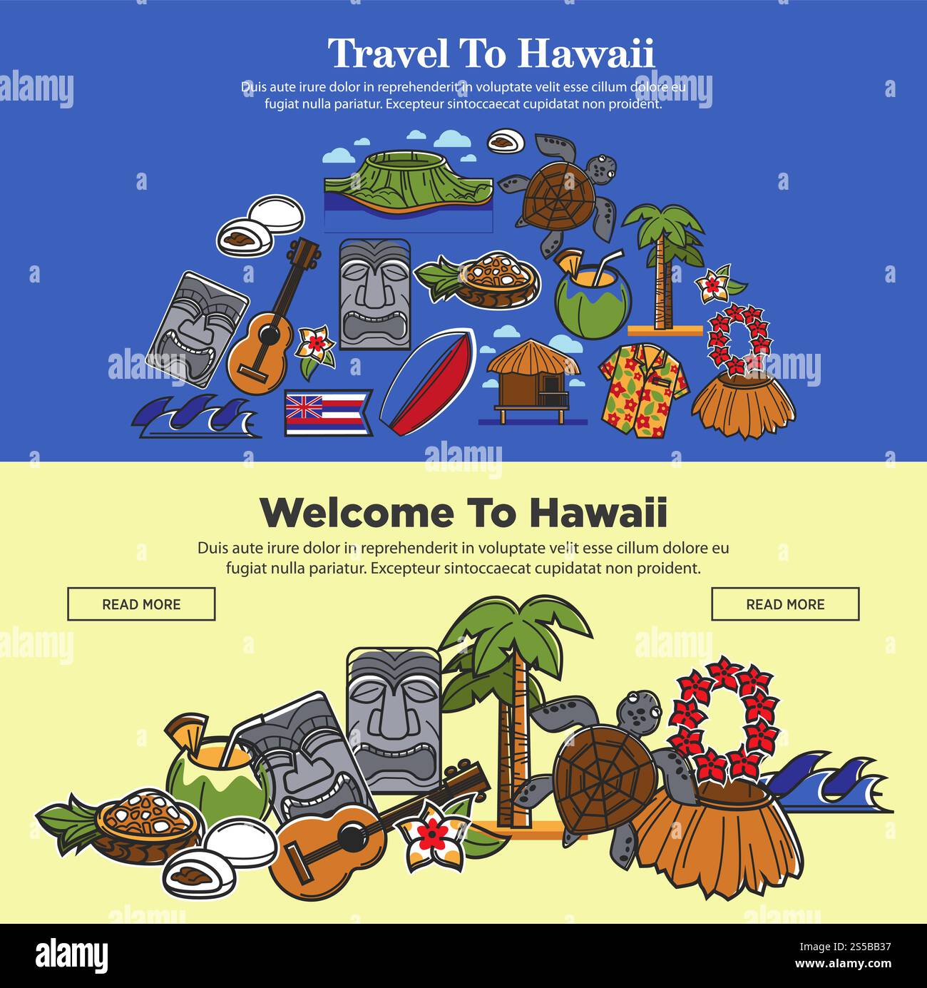 Benvenuti nei banner web delle Hawaii per l'agenzia di viaggi o turismo di famosi simboli e attrazioni turistiche delle Hawaii. Bandiera vettoriale hawaiana, cocco e tartaruga o chitarra da ballerino aloha. Banner web di viaggi alle Hawaii di avvistamenti Hawaiiani e famosi luoghi di interesse culturale Illustrazione Vettoriale