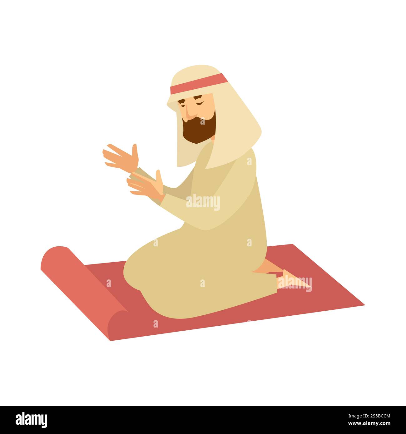 Uomo musulmano in abiti tradizionali su straccio di gomma prega. Arabo in abiti lunghi bianchi con barba spessa su piccolo tappeto per la preghiera quotidiana cartoni animati isolati illustrazione vettoriale piatta su sfondo bianco. Uomo musulmano in abiti tradizionali su preghiere stracciate Illustrazione Vettoriale