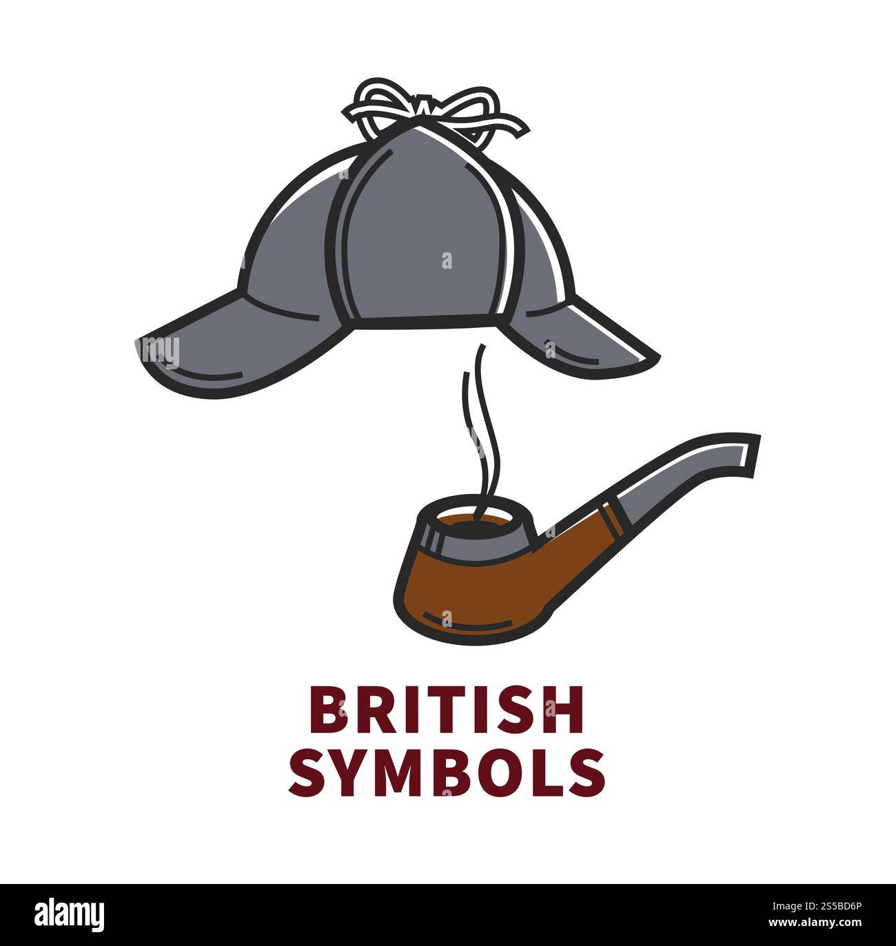Poster promozionale simboli britannici con i famosi accessori Sherlock Holmes. Cappello da cacciatore d'epoca e pipa di legno per fumare illustrazioni vettoriali piatte isolate dal tabacco su sfondo bianco. Poster promozionale simboli britannici con accessori Sherlock Holmes Illustrazione Vettoriale
