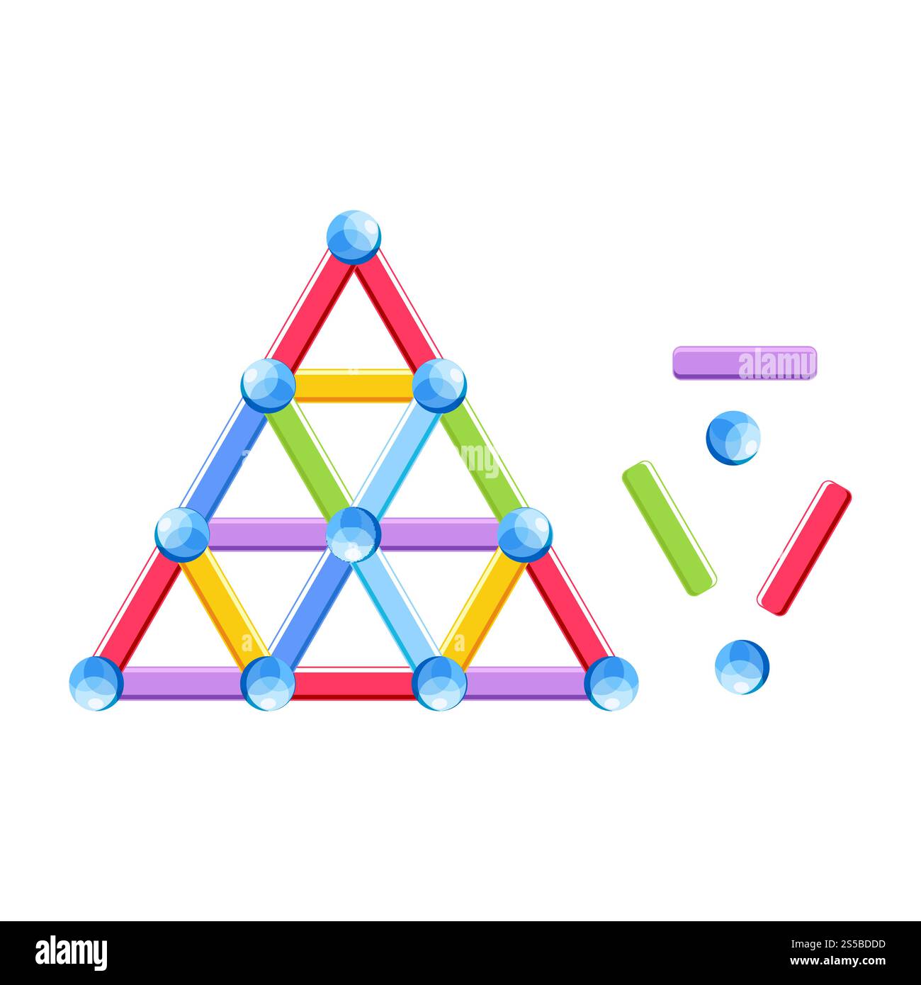 Giocattolo per bambini con parti e palline magnetiche. Costruttore speciale composto da bastoncini di metallo ed elementi che li uniscono illustrazioni vettoriali piatte di cartoni animati isolate su sfondo bianco. Giocattolo per bambini con parti e palline magnetiche Illustrazione Vettoriale