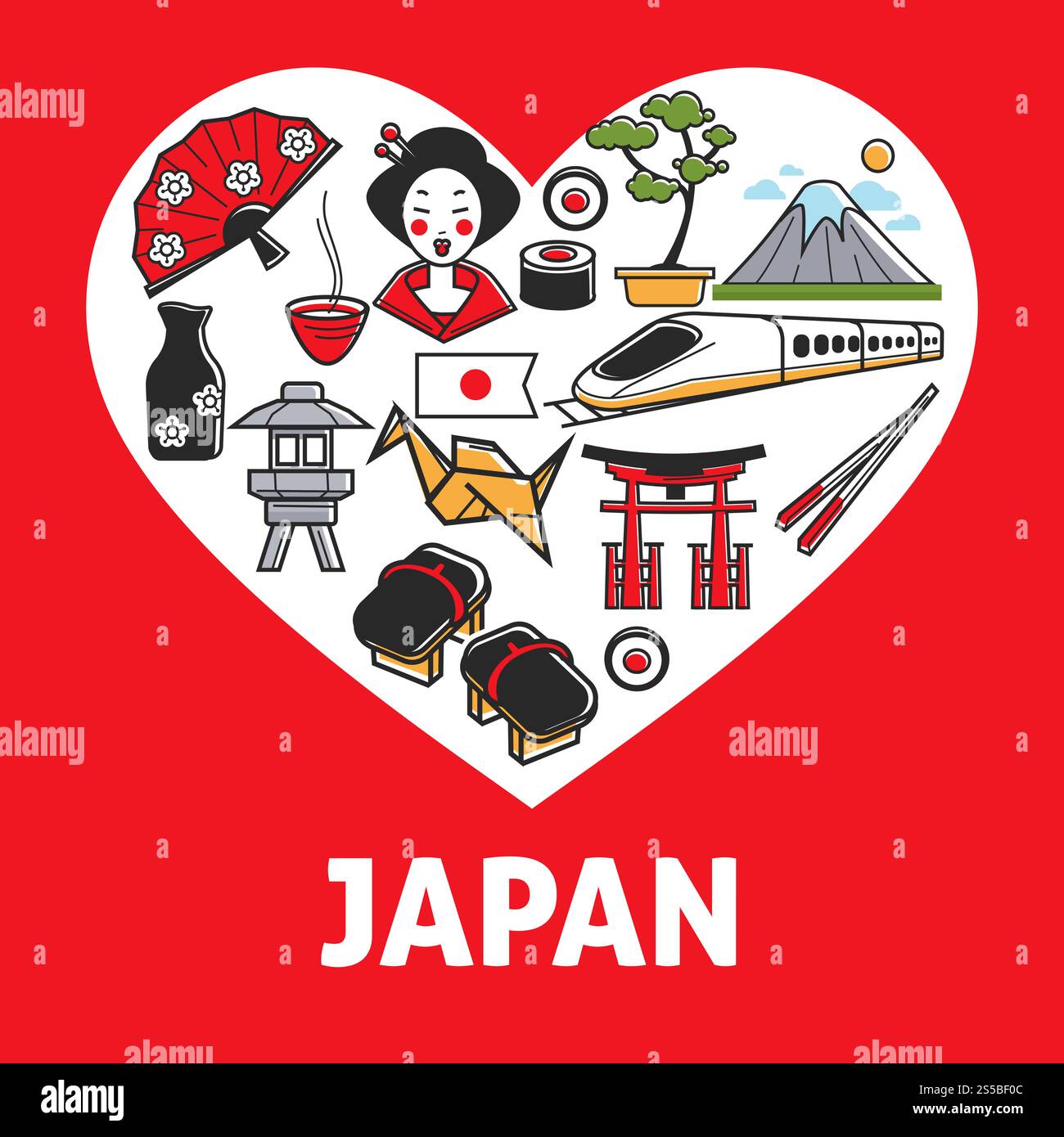 Poster promozionale Giappone con simboli country all'interno del cuore. autentica cultura orientale e incredibili illustrazioni vettoriali su banner commerciali per l'agenzia di viaggi. Esplorate la cartellonistica di paese straniero. Poster promozionale giapponese con simboli del paese all'interno del cuore Illustrazione Vettoriale